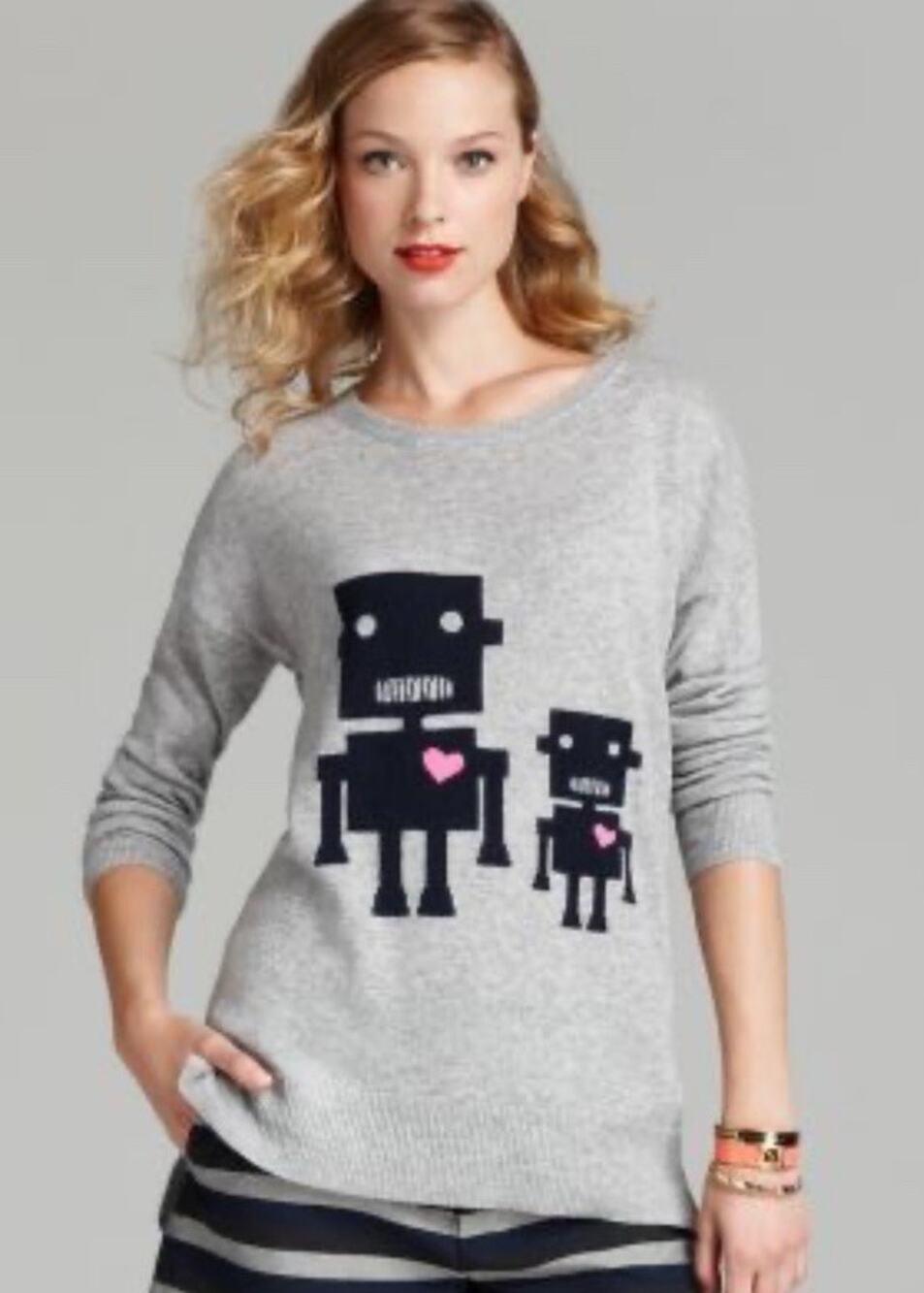 Aqua Cashmere Heart Robots Sweater M Gray 100% Cashmere Drop Shoulder
